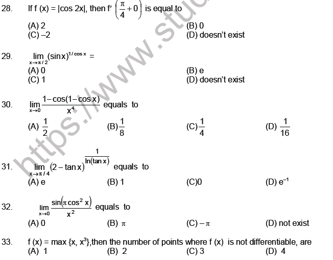 Jee mathematics limits continuity and differentiability mcqs set a with